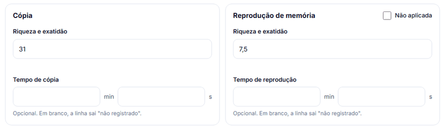 Tela de aplicação das Figuras Complexas de Rey no ClinMetrics com os campos de riqueza e exatidão e de tempo da cópia e da reprodução de memória