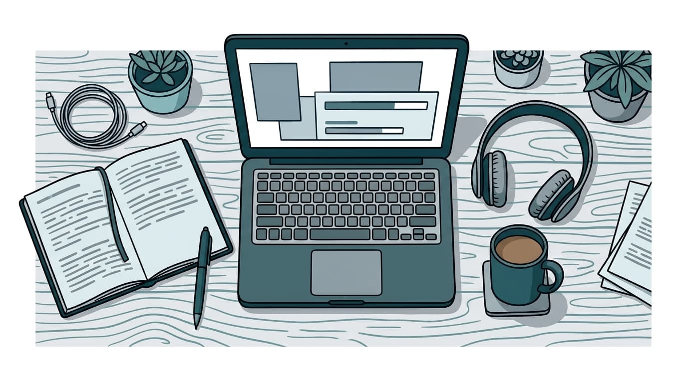 Ilustração de uma estação de trabalho vista de cima, com notebook, caderno de anotações e fone de ouvido.