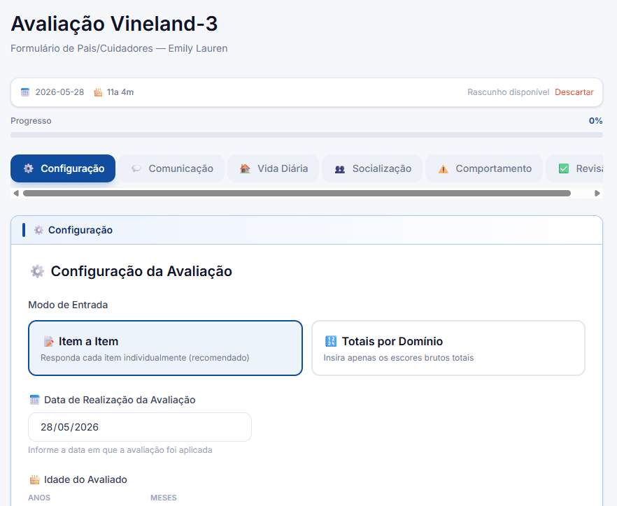 Tela de resultados do Vineland-3 no ClinMetrics, com os escores por domínio já convertidos e classificados