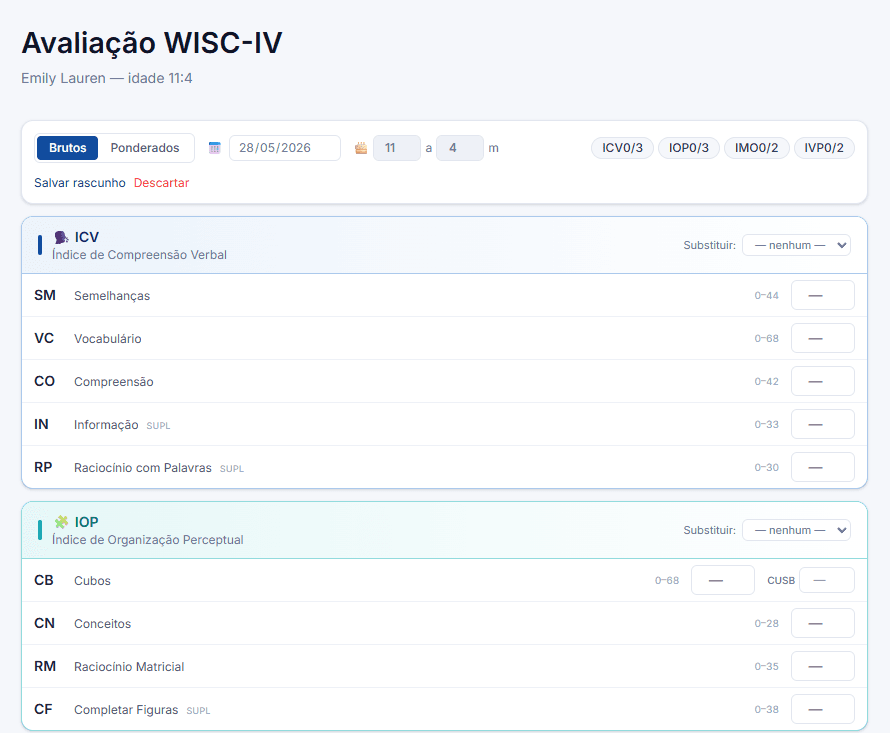 Tela de resultados do WISC-IV no ClinMetrics, com os quatro índices fatoriais e o QI Total já convertidos